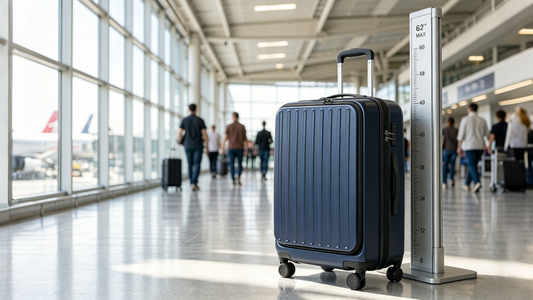 Navy hard-shell carry-on suitcase standing next to a 62-inch maximum height measuring pole in an airport terminal, showing how airlines check cabin bag size at the gate.