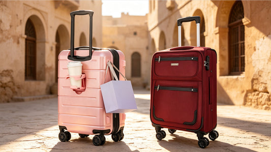 Two products—a hard-shell case and a soft fabric case—are set against the backdrop of weathered, earth-toned alleys in a North African/Middle Eastern style, with warm sunlight creating a travel-inspired atmosphere.